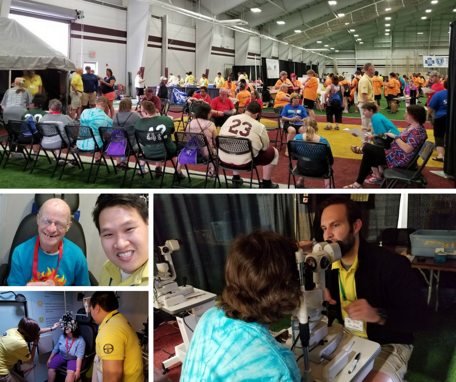 Dr. Tran and Dr Dornbos performing free vision screenings at the Michigan State Summer Special Olympic Games 
