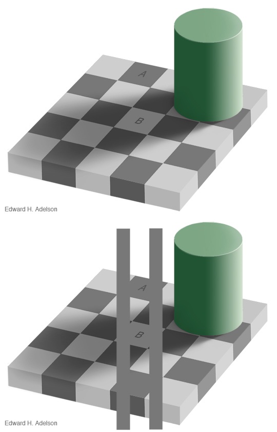 Tiles a and b appear to be different shades of color, but are in fact exactly the same.